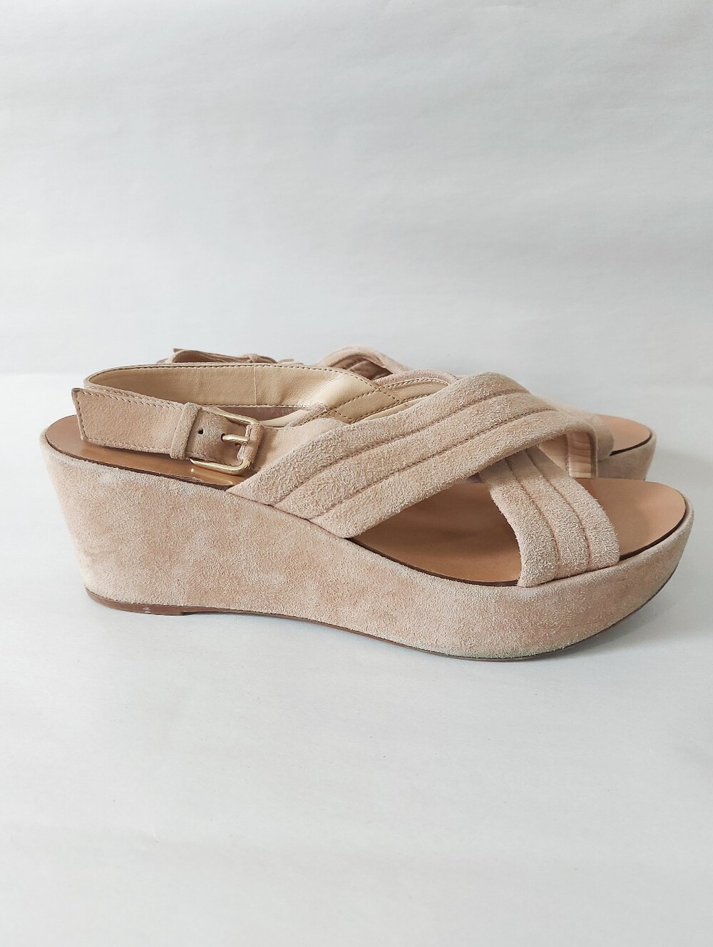 J.Crew Women Darcy Beige Suede Leather Slingback Wedge Sandals Size 8 Comfort - Picture 2 of 14